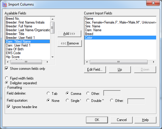 Import Columns Window