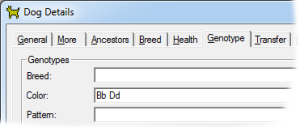 Sire Genotype for Black Spotted Dalmatian in Dog Details Window