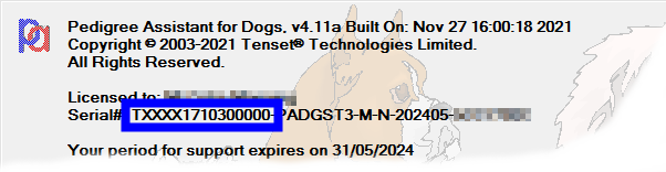Pedigree Assistant About Box Showing Serial Number