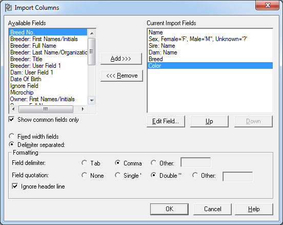 Import Columns Window