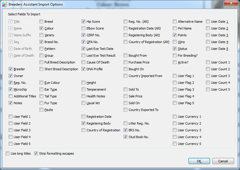 Breeders Assistant Import Options